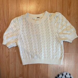 Free People Cream Open Knit Puff Sleeve Cropped Top